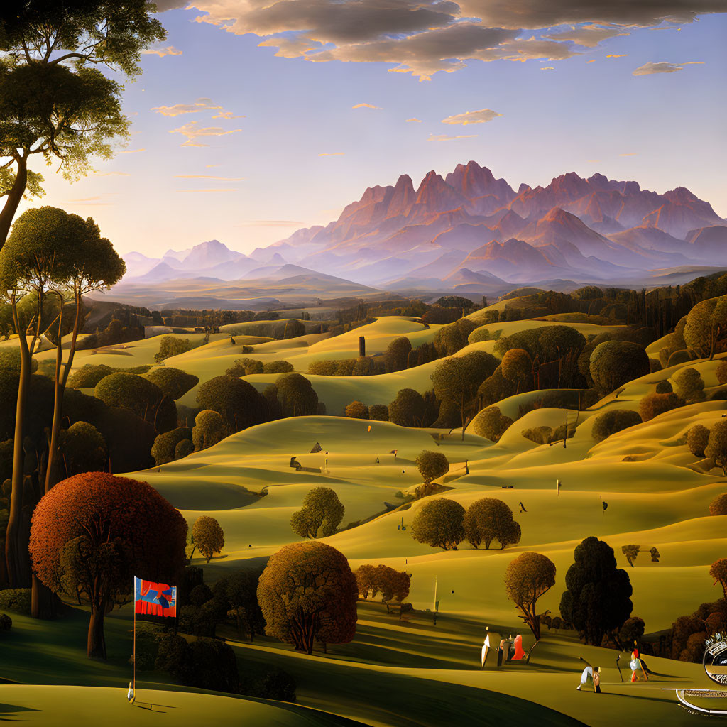 Tranquil golf course scene with rolling hills, diverse trees, and distant mountains