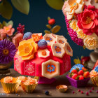 Assortment of Colorful Berry Pastries with Almonds and Flowers