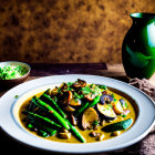 Colorful plate of food with broccoli, red peppers, beans, and nuts in sauce on wooden table