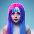 Vibrant multicolored hair woman digital artwork on soft blue background