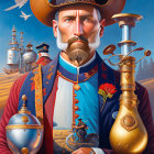 Steampunk-inspired bearded man in military uniform with medals, set against industrial backdrop under blue sky