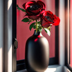 Black Vase with Red and Purple Flowers on Windowsill