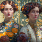 Two Women with Elaborate Hairstyles and Floral Outfits Against Flower Background