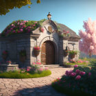 Fantasy illustration of peacock-themed house in pink landscape