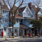 Quaint Blue and White Timbered Houses on Cobbled Street