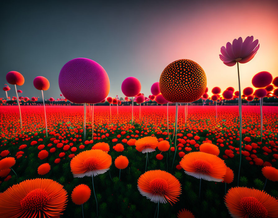 Vibrantly colored oversized flora in surreal dusk landscape