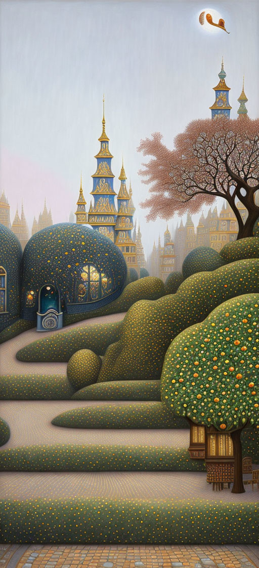 Whimsical painting of tree-lined pathway to blue tower