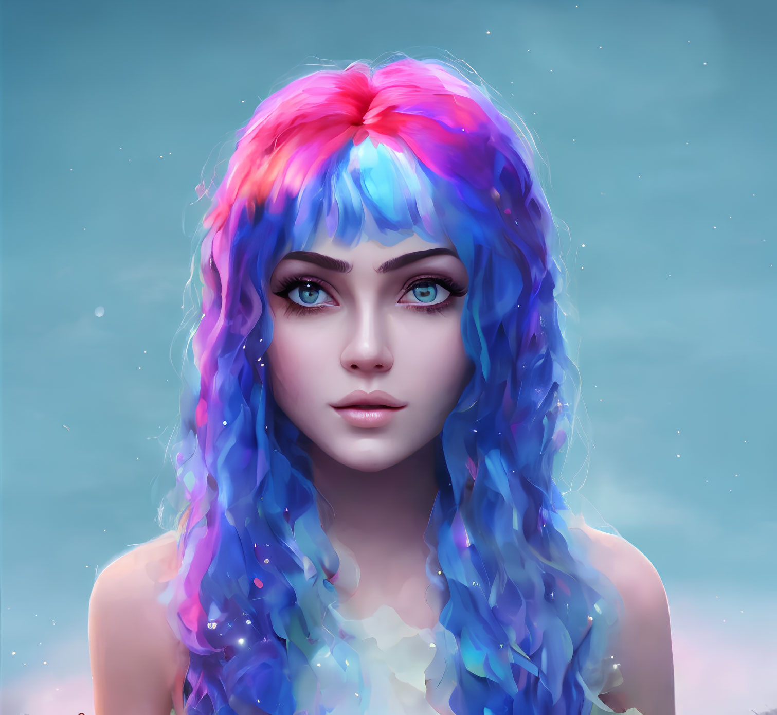 Vibrant multicolored hair woman digital artwork on soft blue background