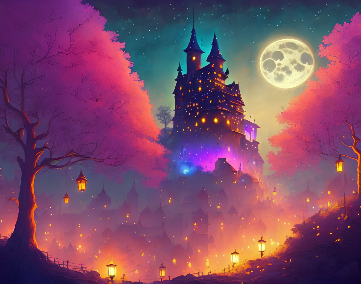 Illustration of glowing castle on hill with purple and pink trees, lanterns, full moon.