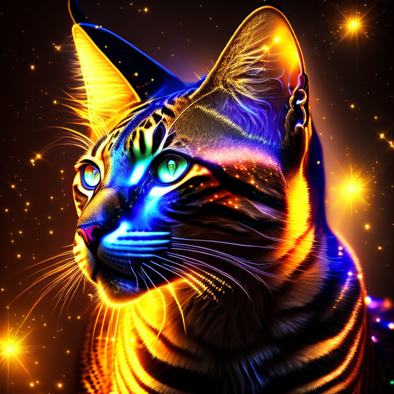 Colorful digital artwork: Cat with glowing blue stripes in cosmic setting