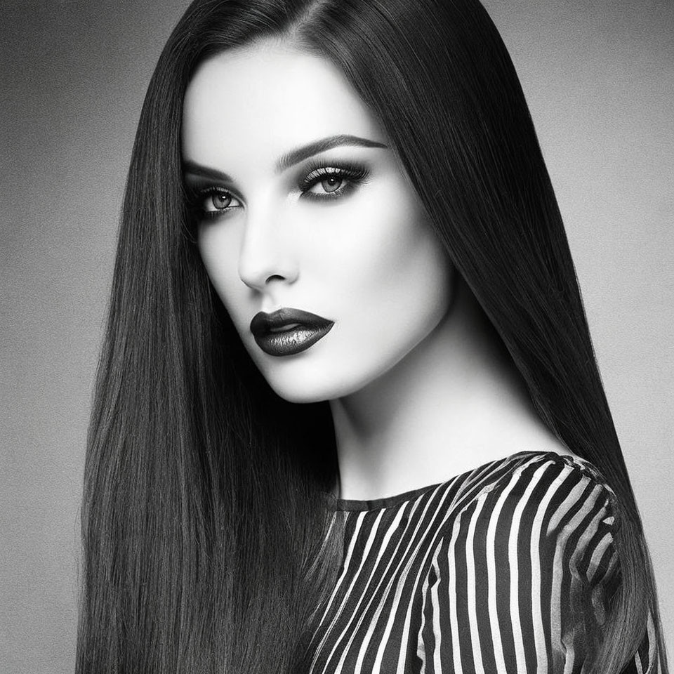 Monochrome portrait of woman with long hair and dark lipstick