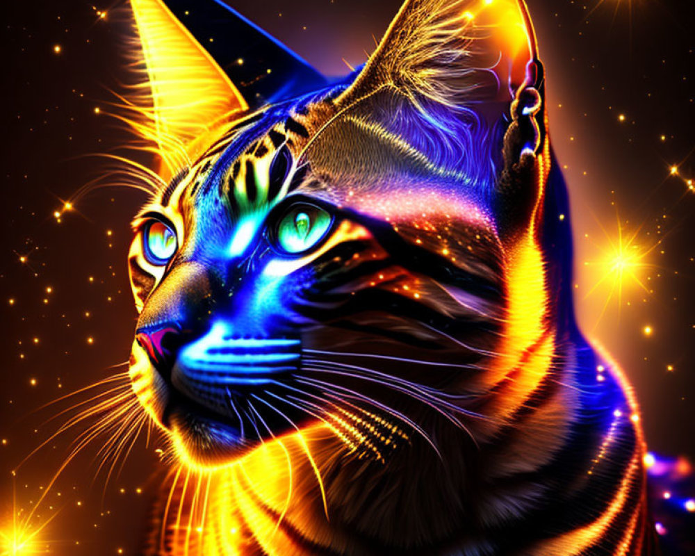 Colorful digital artwork: Cat with glowing blue stripes in cosmic setting