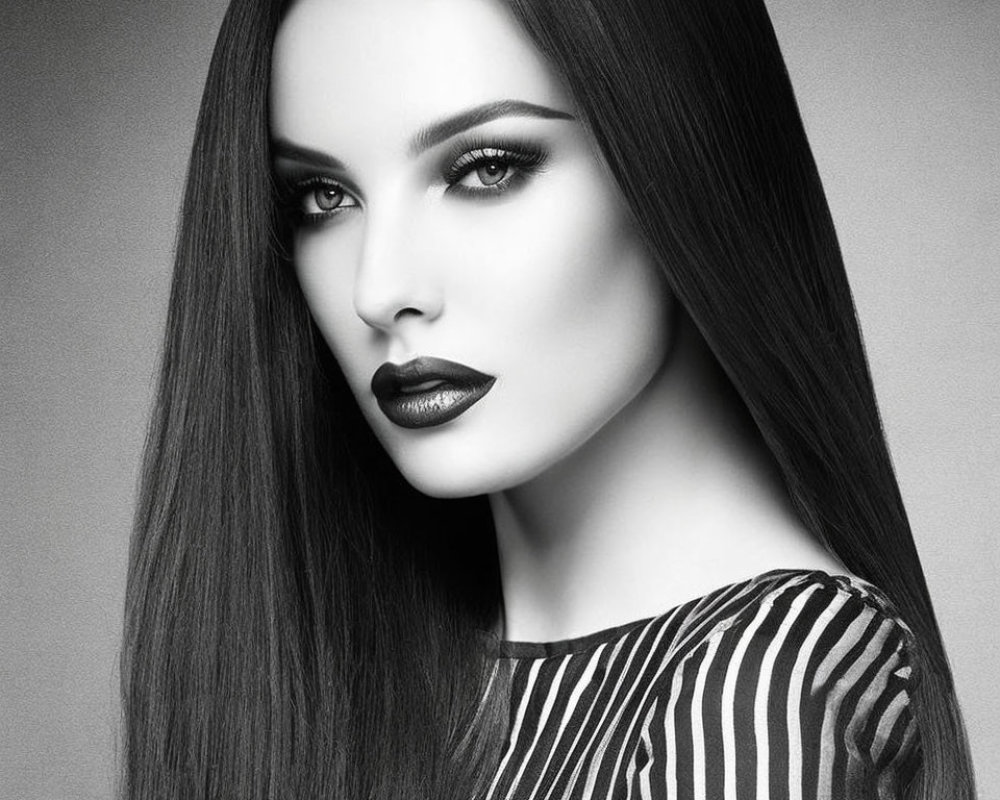 Monochrome portrait of woman with long hair and dark lipstick