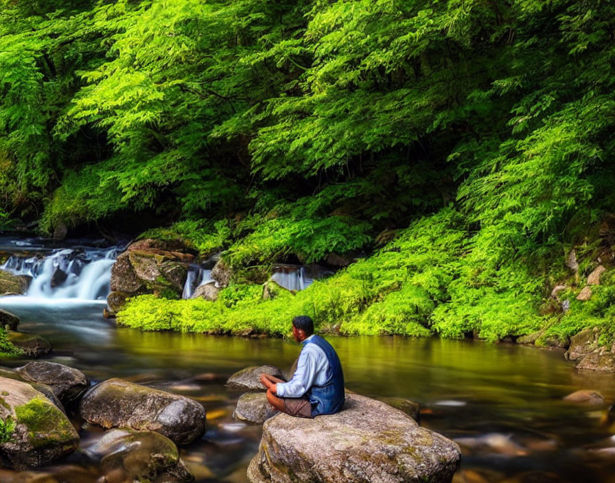 Person sitting on rock by serene forest stream with lush green foliage.