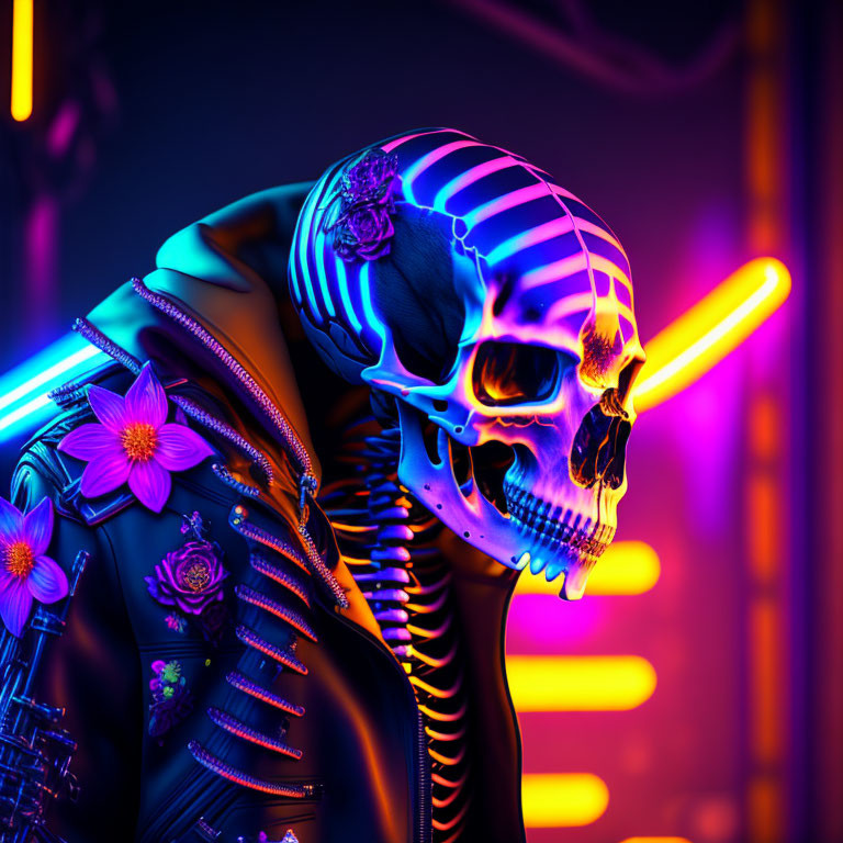 Colorful neon-lit skeletal figure with floral jacket on glowing backdrop