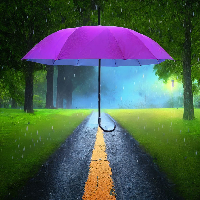 Purple umbrella floating above wet road with yellow line, green foliage, rain, streetlamp.