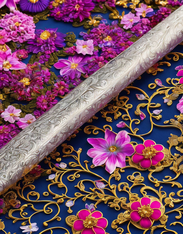 Detailed Close-Up of Ornate Gold-Embroidered Fabric with Silver Ornamental Rod and Pink/P