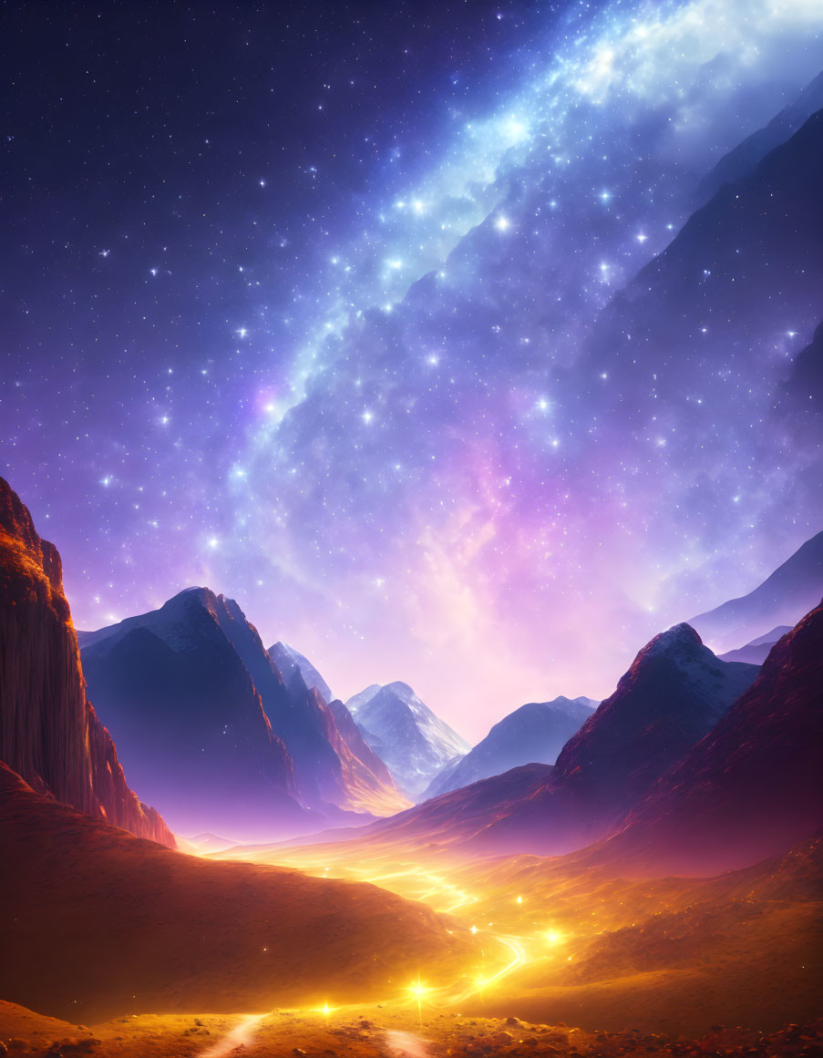 Mountainous Valley Night Sky with Starry Road