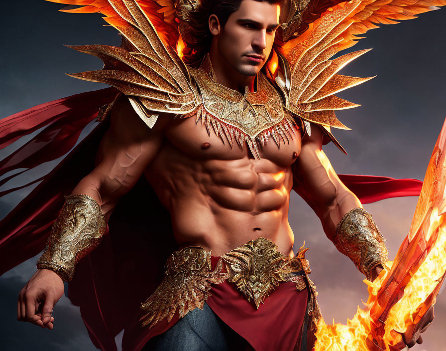 Muscular male fantasy character with golden fiery wings and ornate armor against dramatic sky.