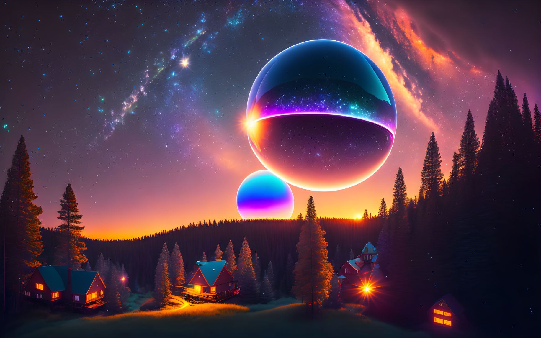 Colorful forest houses under starry sky with surreal orbs - digital artwork