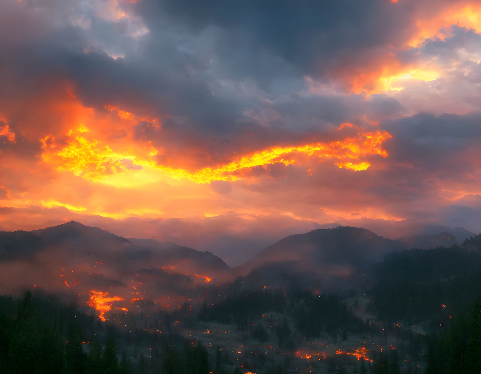 Vibrant orange sunset over misty mountain landscape