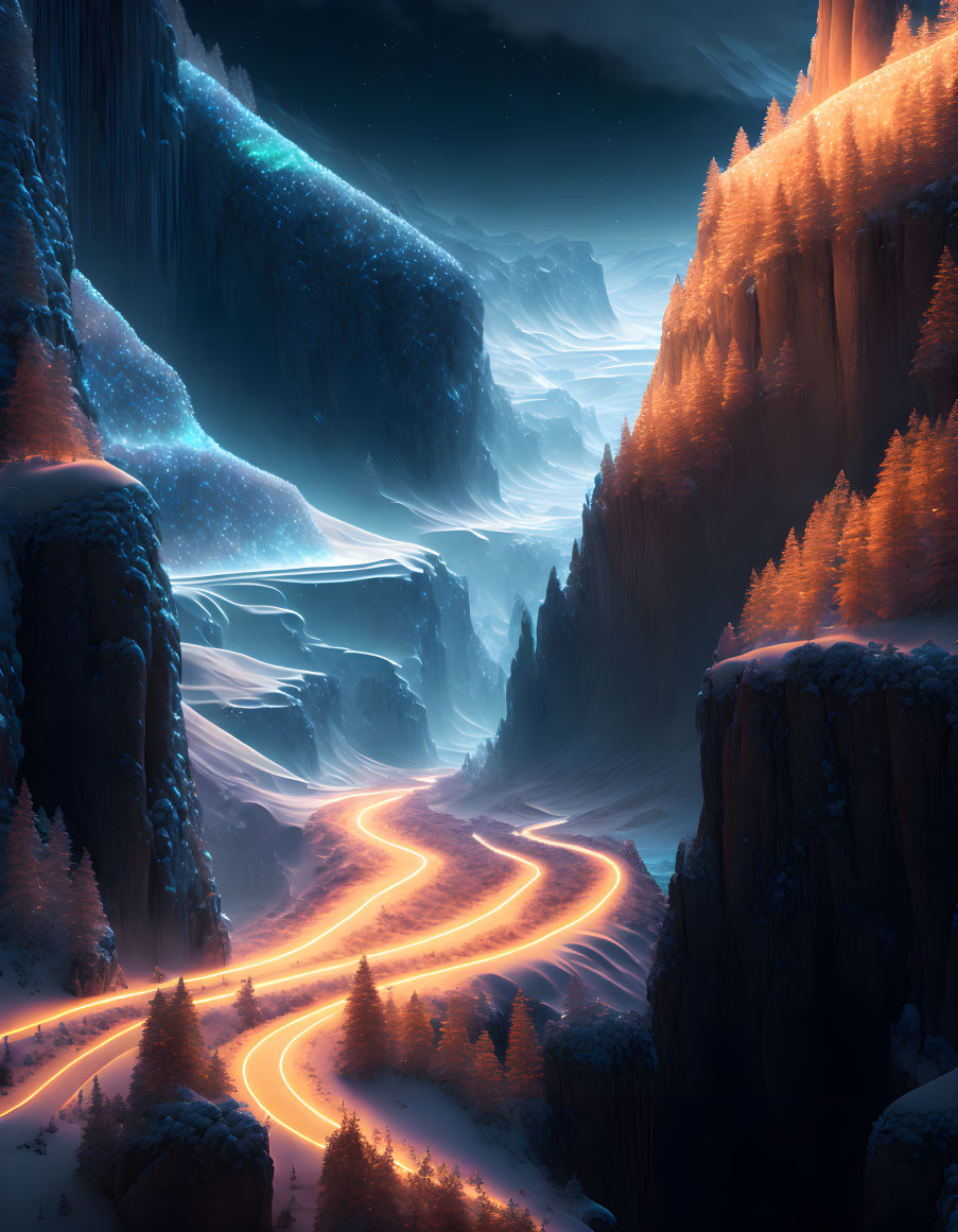 Twilight snowy mountain landscape with winding orange road