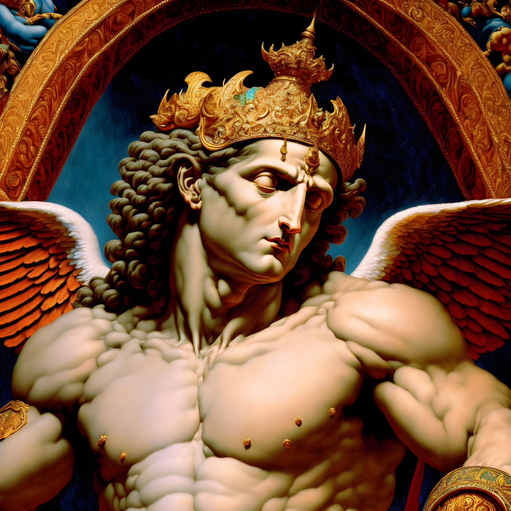 Muscular winged figure with ornate crown and intense gaze