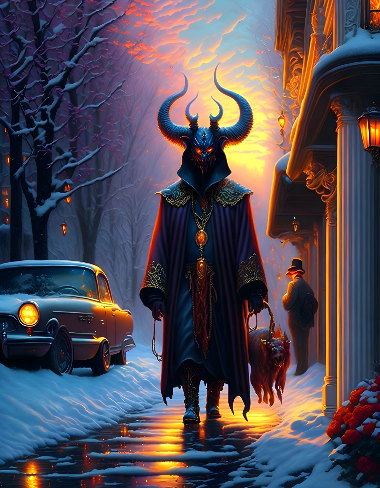 Horned figure walking dog on snowy street at dusk