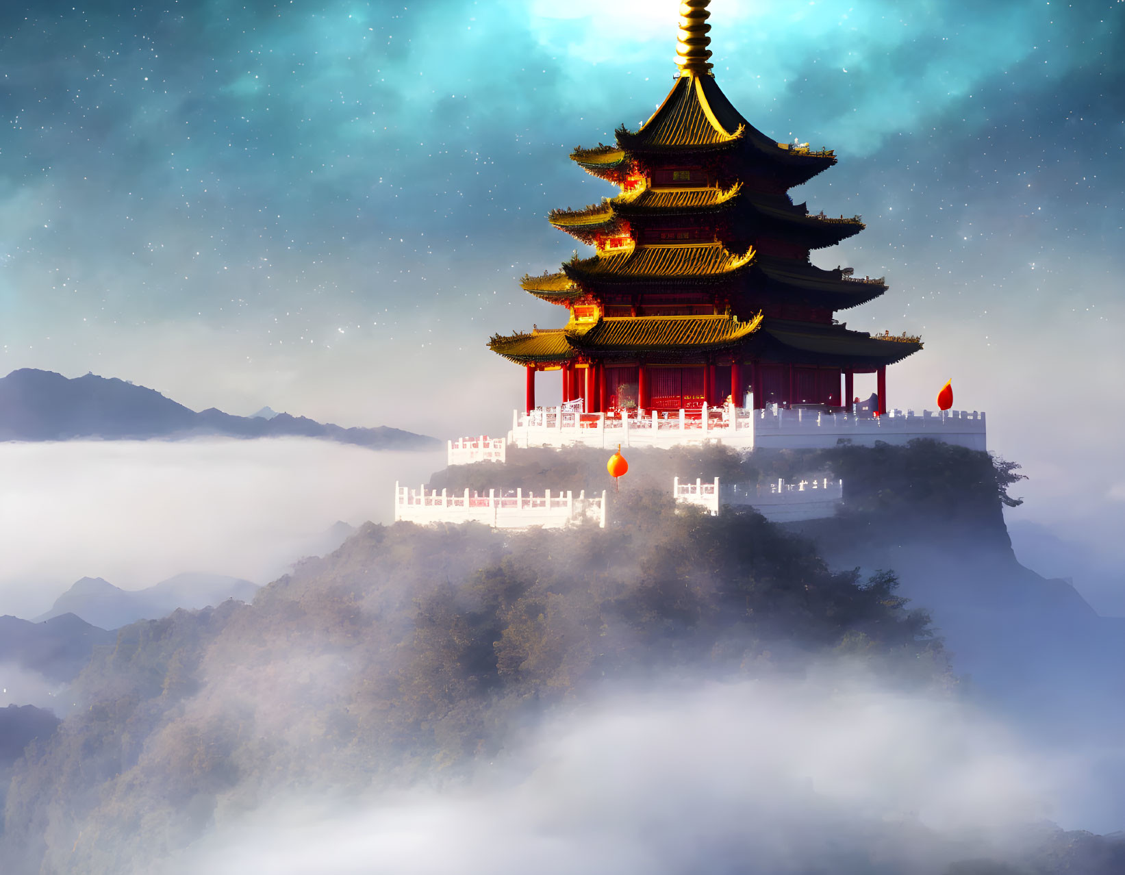 Ancient Pagoda on Misty Mountains with Red Lanterns at Night