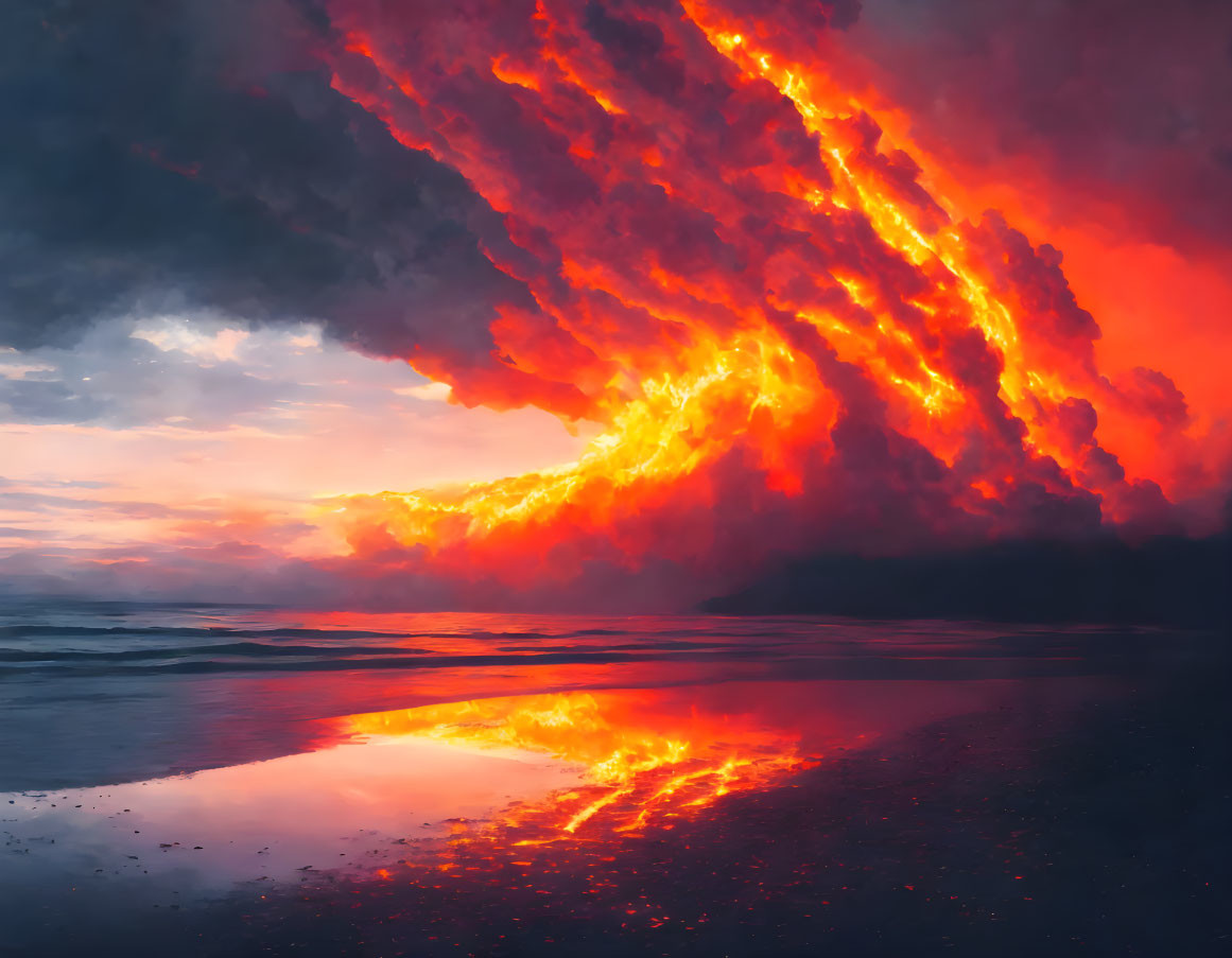 Fiery orange and red clouds over tranquil water at sunset