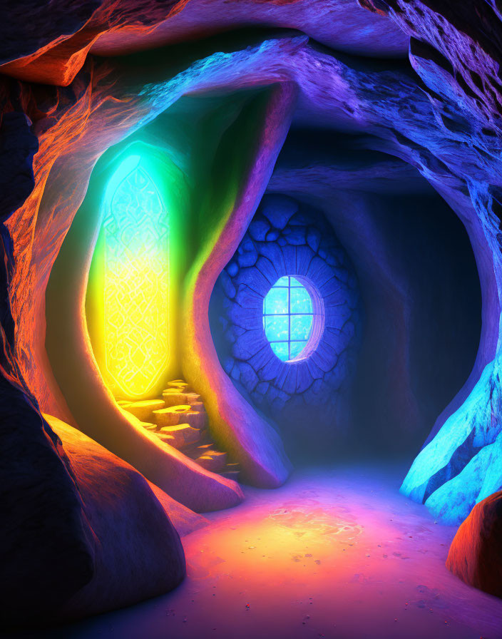 Mystical Cave Interior with Glowing Blue and Orange Lights