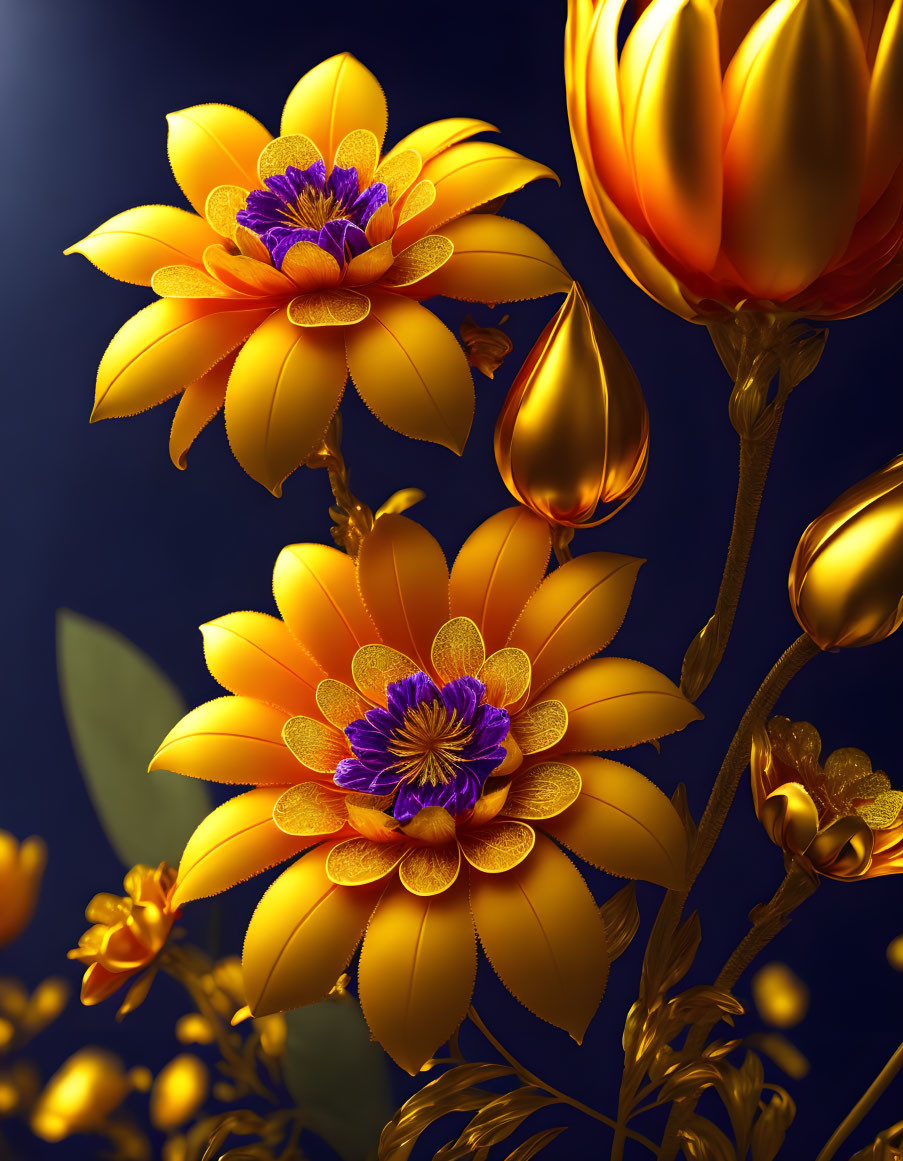 Golden flowers with purple centers on dark blue background: luxurious and mystical.