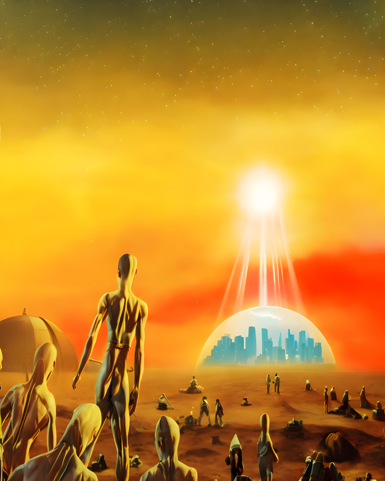 Bald humanoid figures in futuristic cityscape at sunset