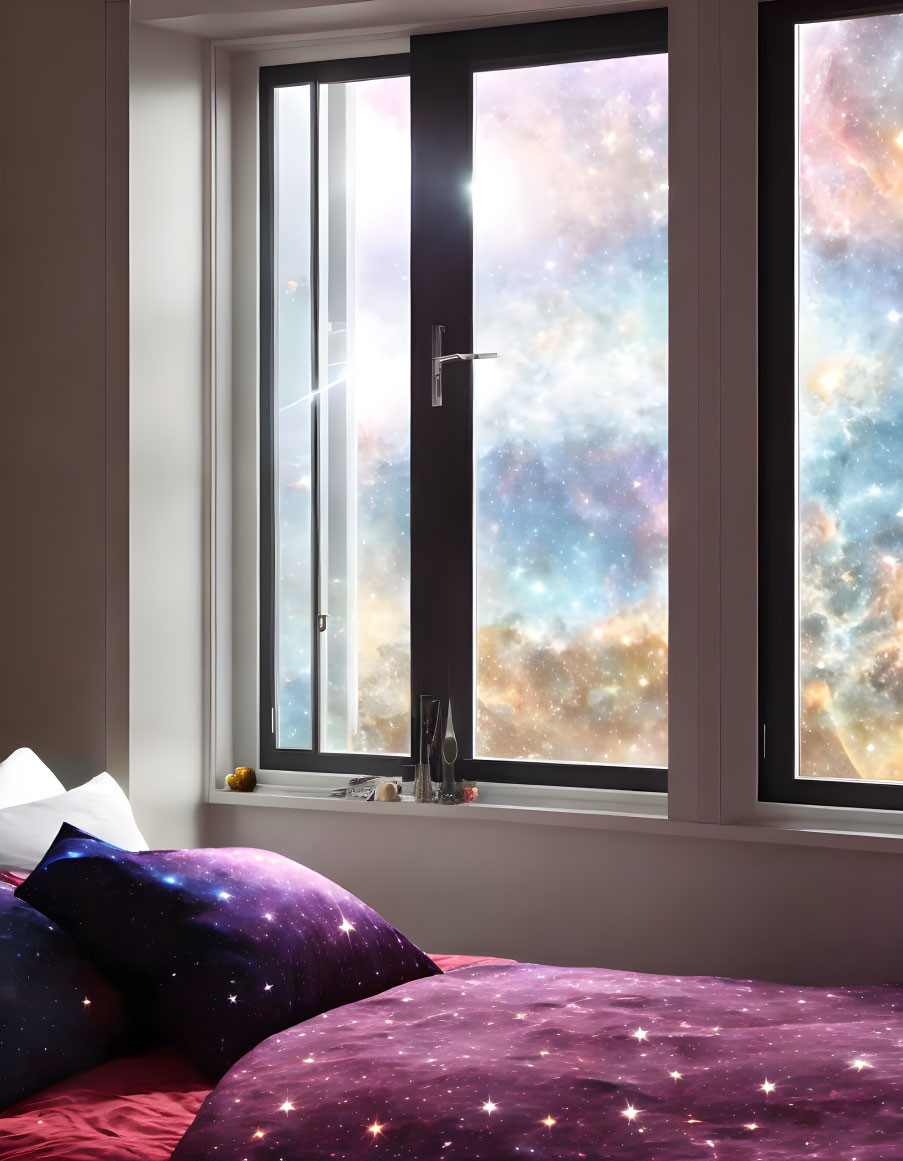 Galaxy-themed Bedspread in Cozy Bedroom with Space View