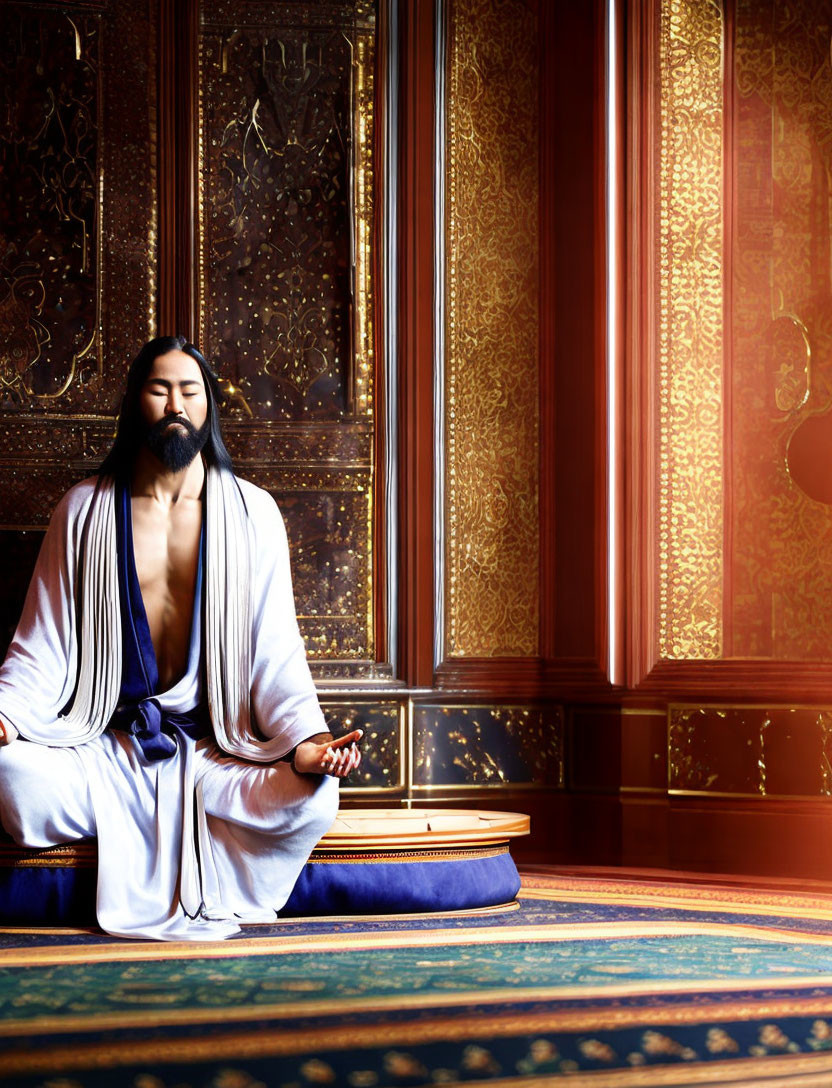 Bearded person meditating in lotus pose in ornate room