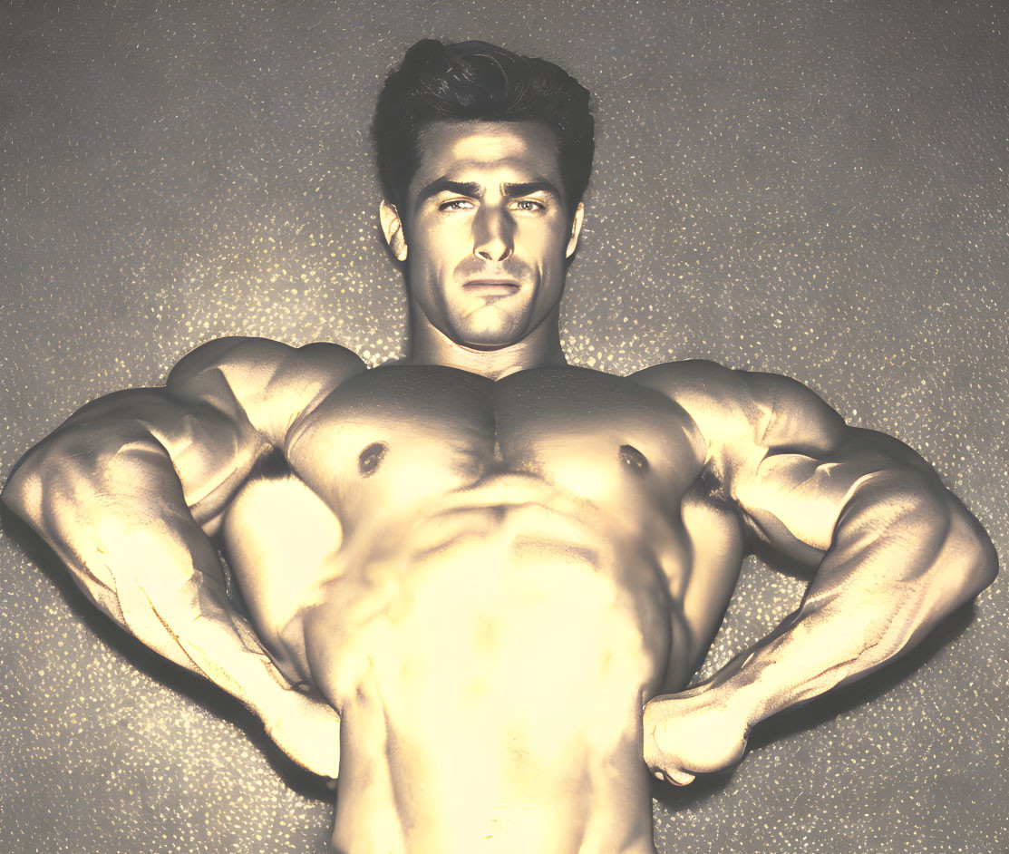 Muscular individual with defined chest and arm muscles in sepia tone