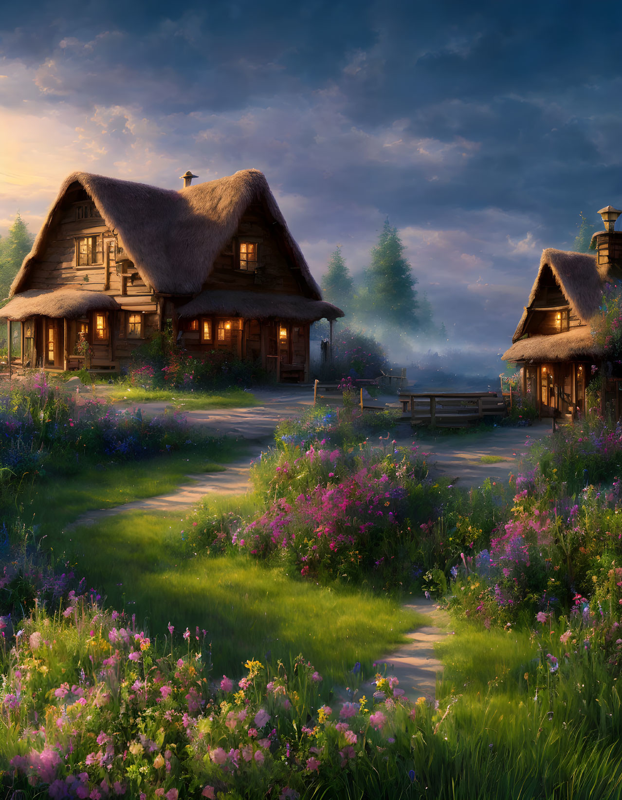 Twilight scene of rustic thatched-roof cottages and wildflowers