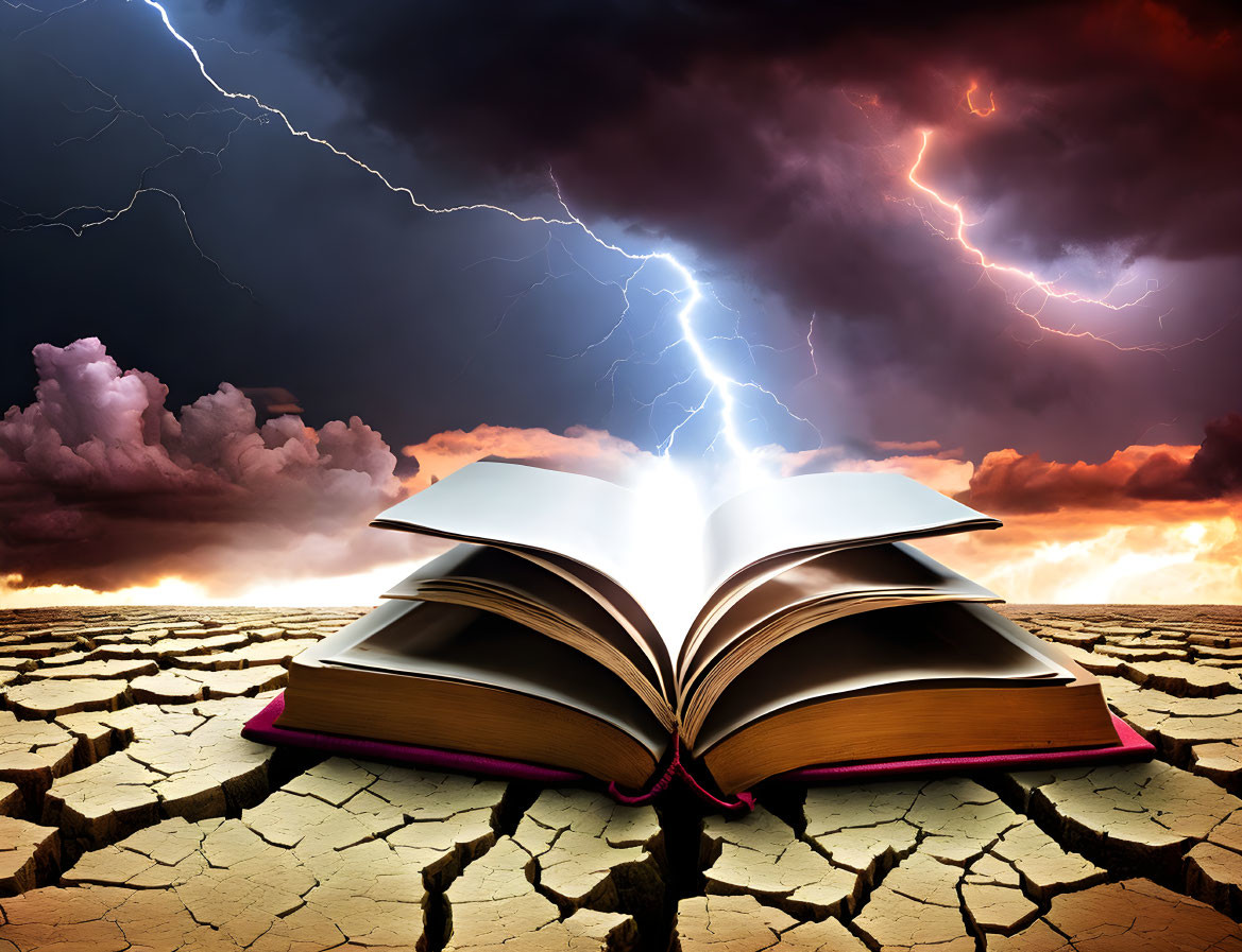 Glowing open book on cracked ground under dramatic sky with lightning bolts