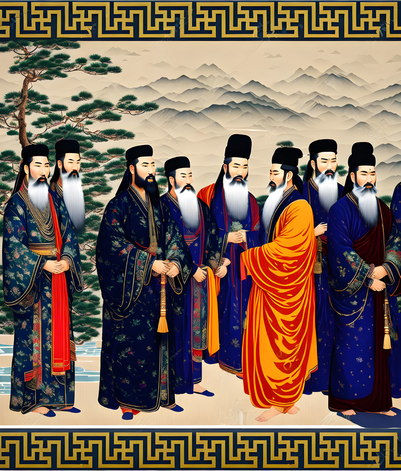 Traditional Chinese Painting: Eight Men in Ancient Robes with Mountain Landscape