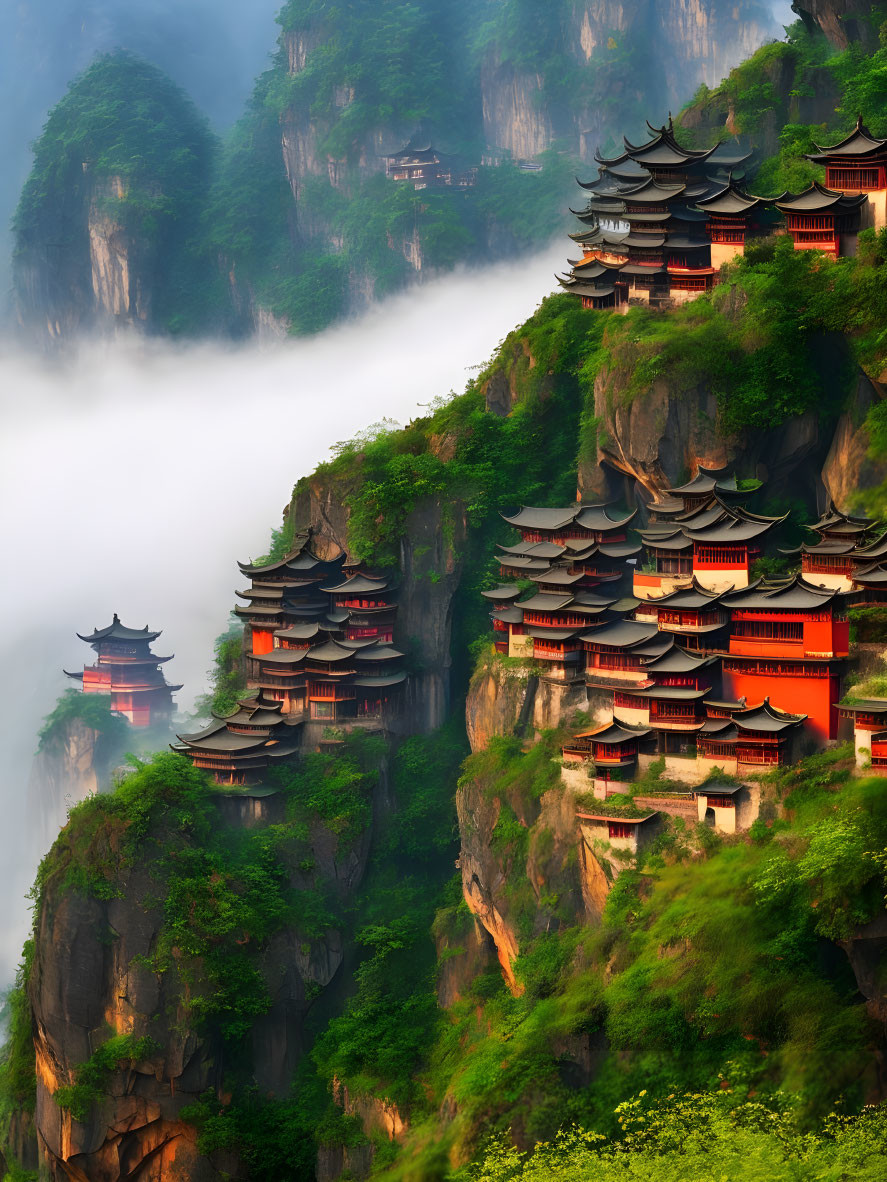 Traditional Asian Buildings on Misty Mountain Cliff