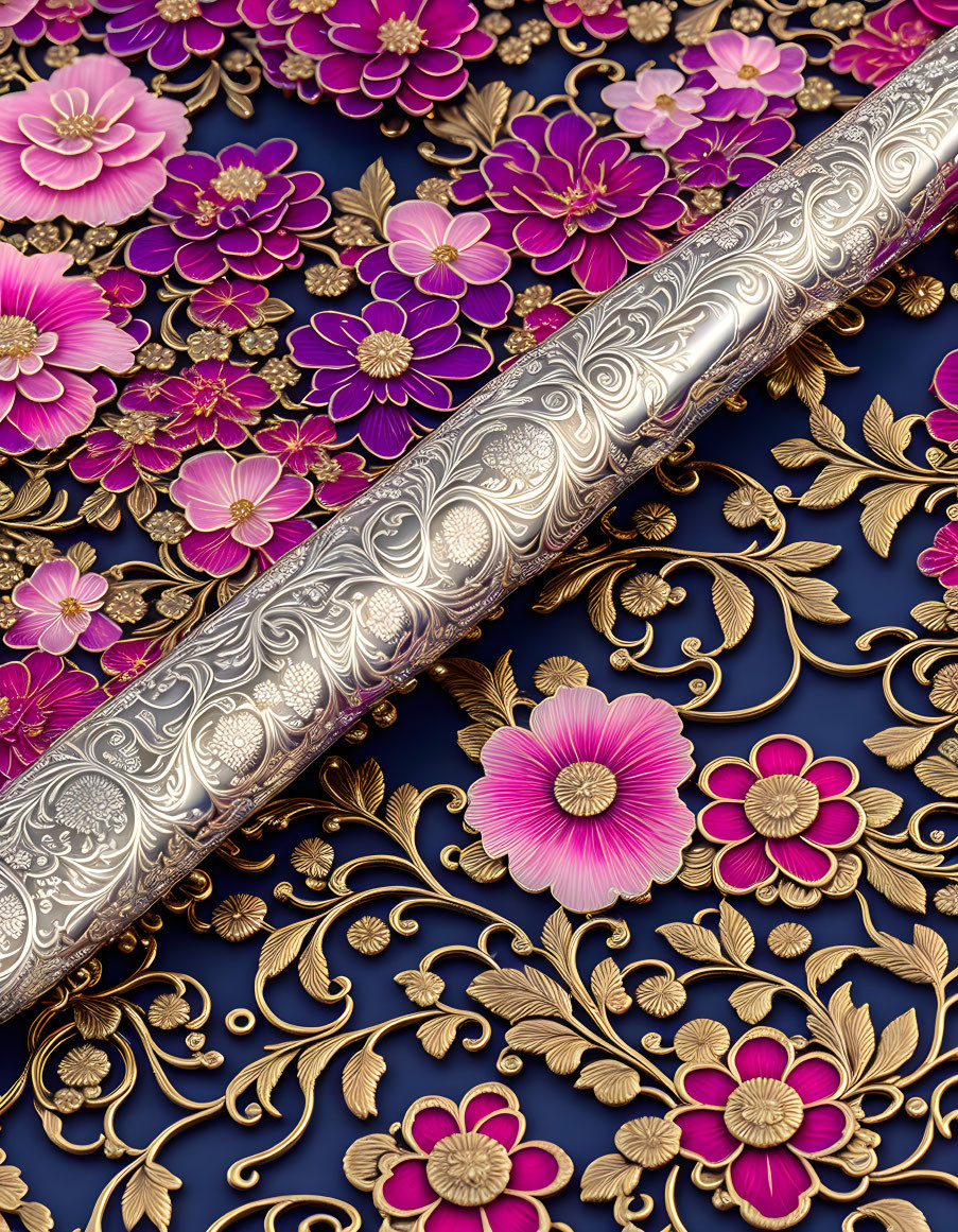 Ornate silver sword with engraved patterns on dark blue background with gold floral designs and pink flowers.