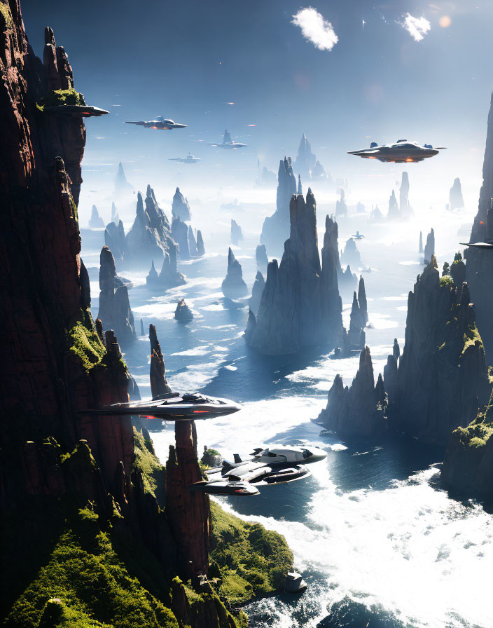 Futuristic landscape with towering rock formations, waterfalls, and flying vehicles