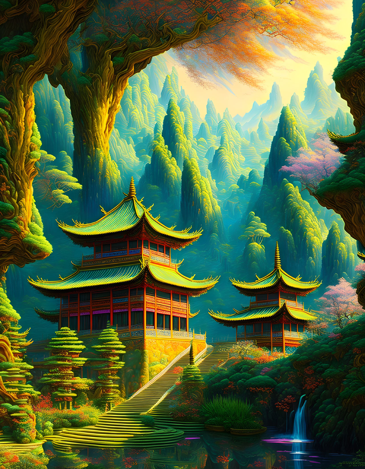 Mythical landscape with towering trees, pagodas, waterfall, stairs