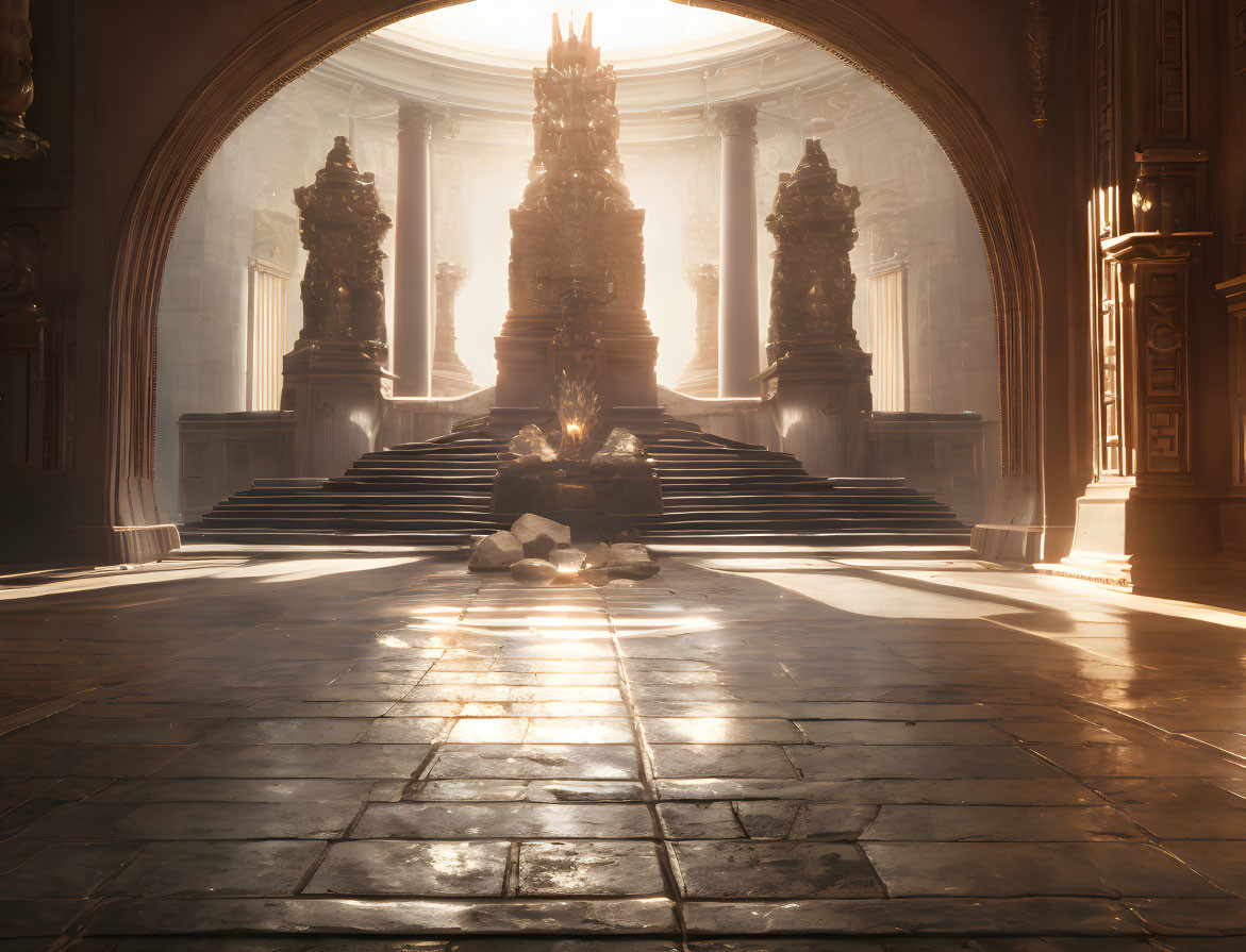 Sunlight illuminates ornate hall with grand staircase