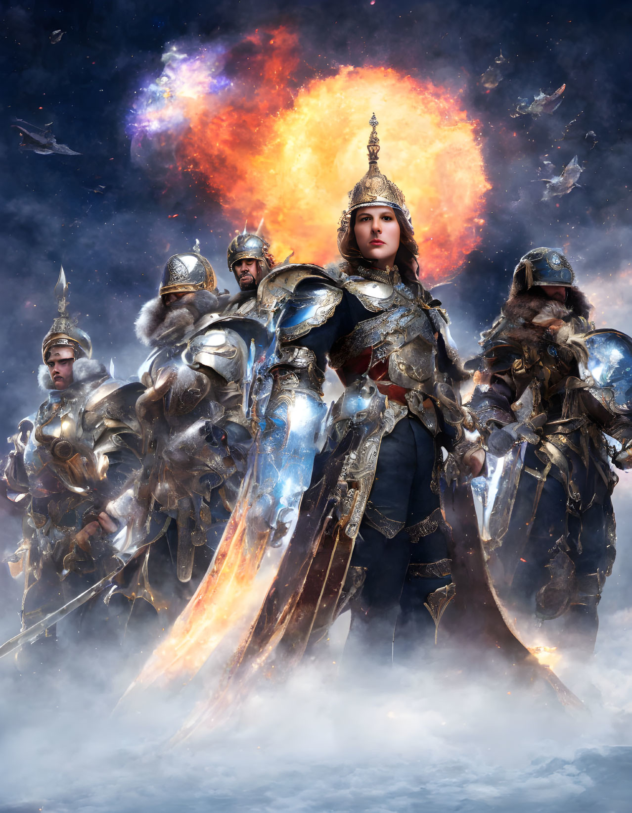 Female warrior in intricate armor with soldiers and cosmic explosion.