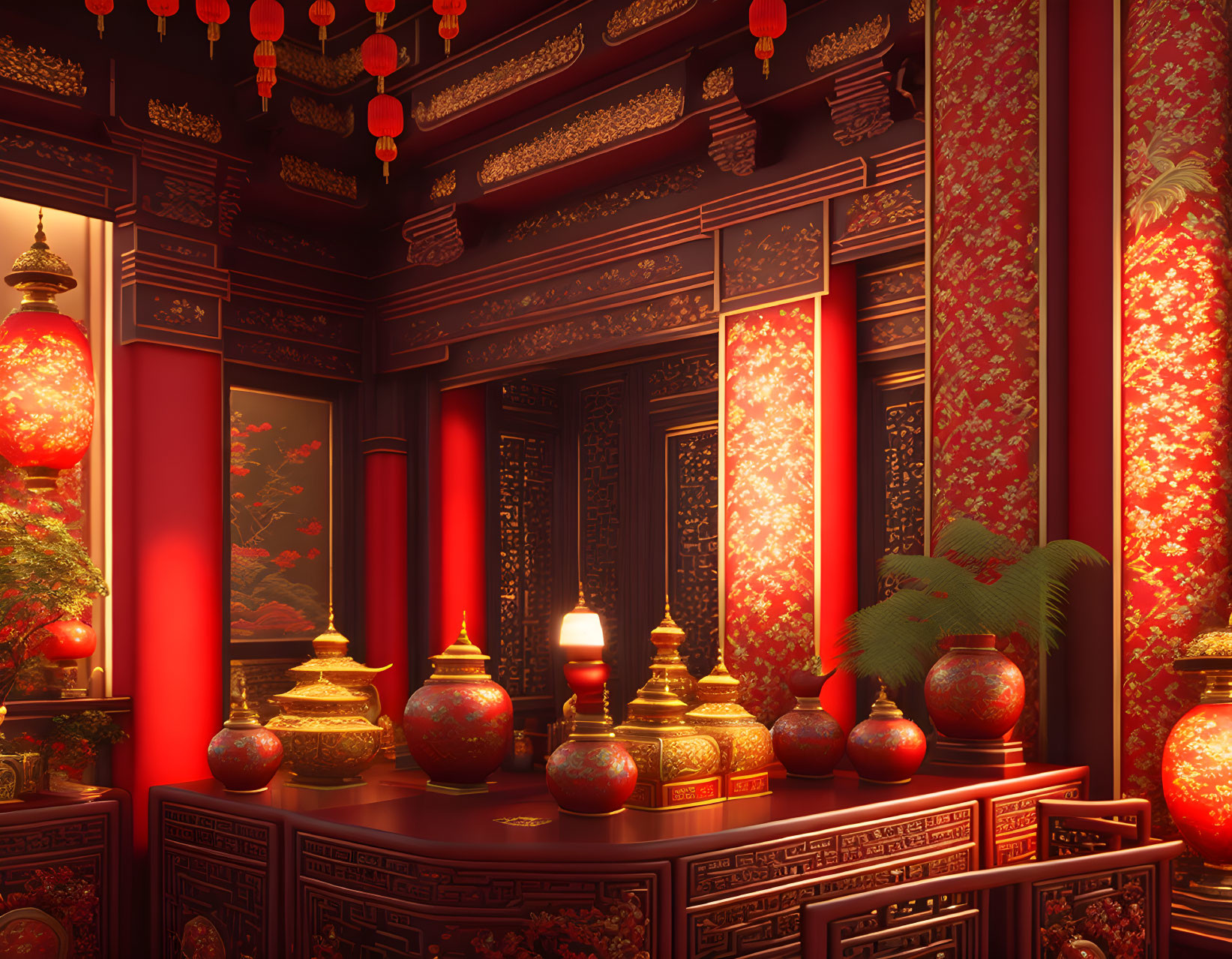 Elegant Chinese-themed room with red walls, lanterns, wooden carvings, and golden v