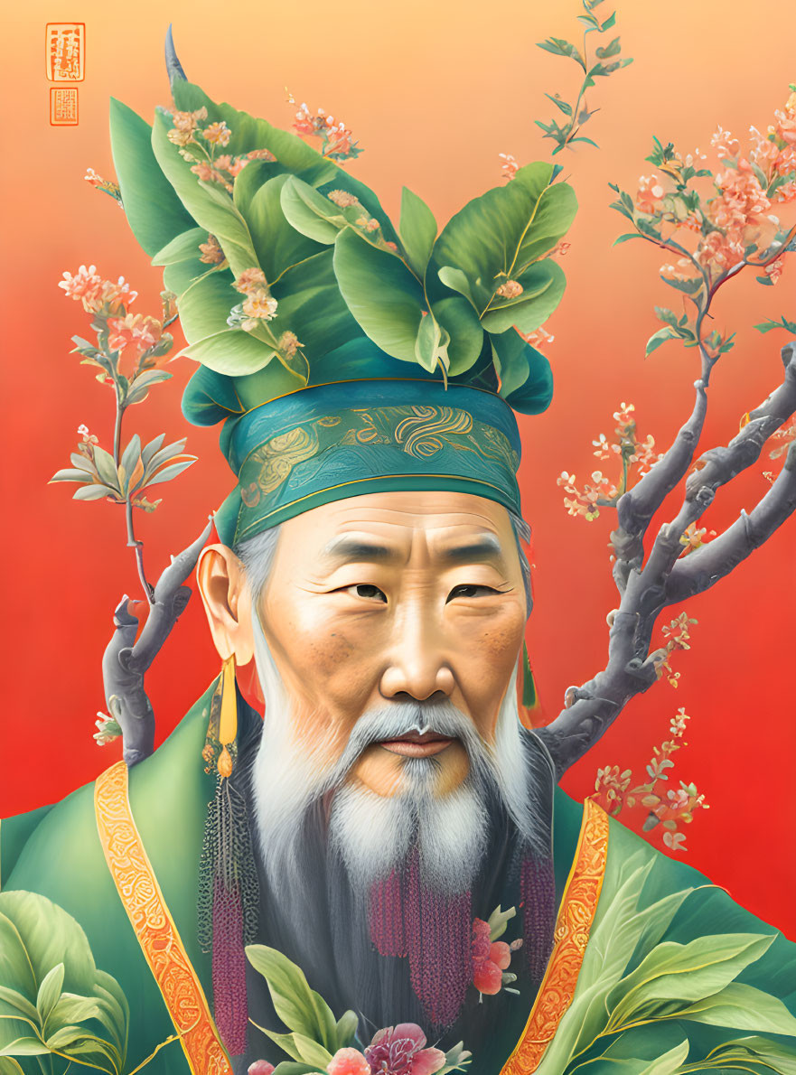 Illustrated portrait of a bearded figure in traditional attire with green headband and flowering branches.