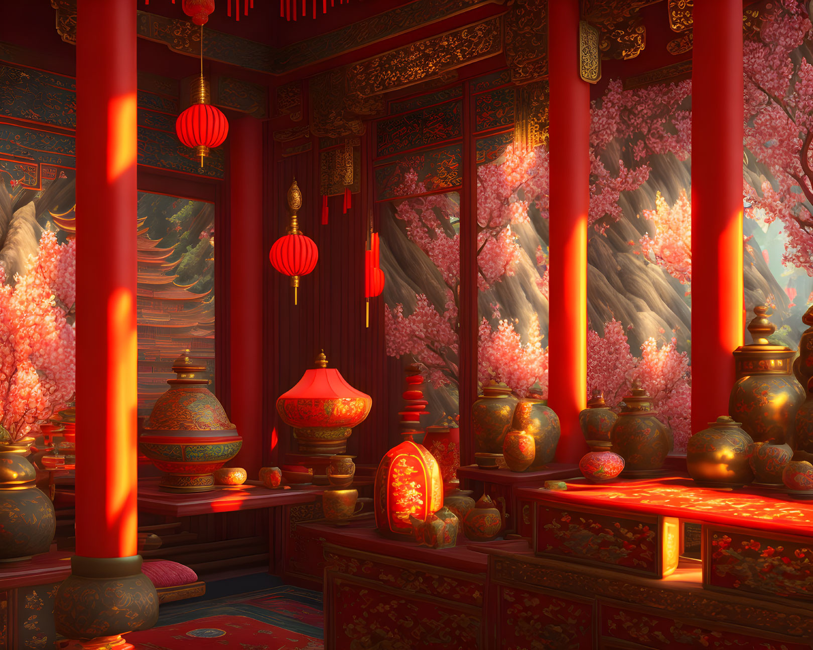 Elegantly designed Chinese-themed room with red and gold decor and cherry blossom motifs