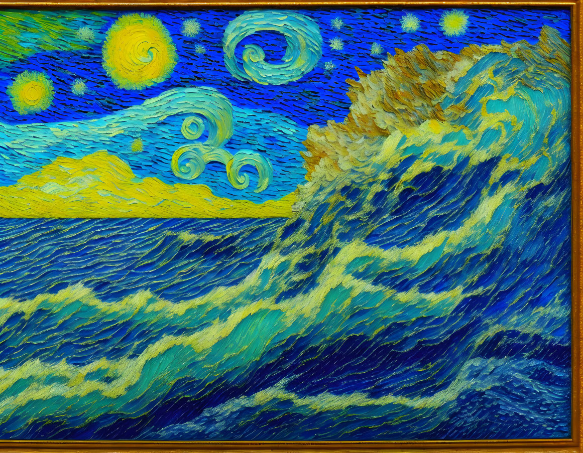 Vibrant brushstrokes: Starry night sky over tumultuous sea