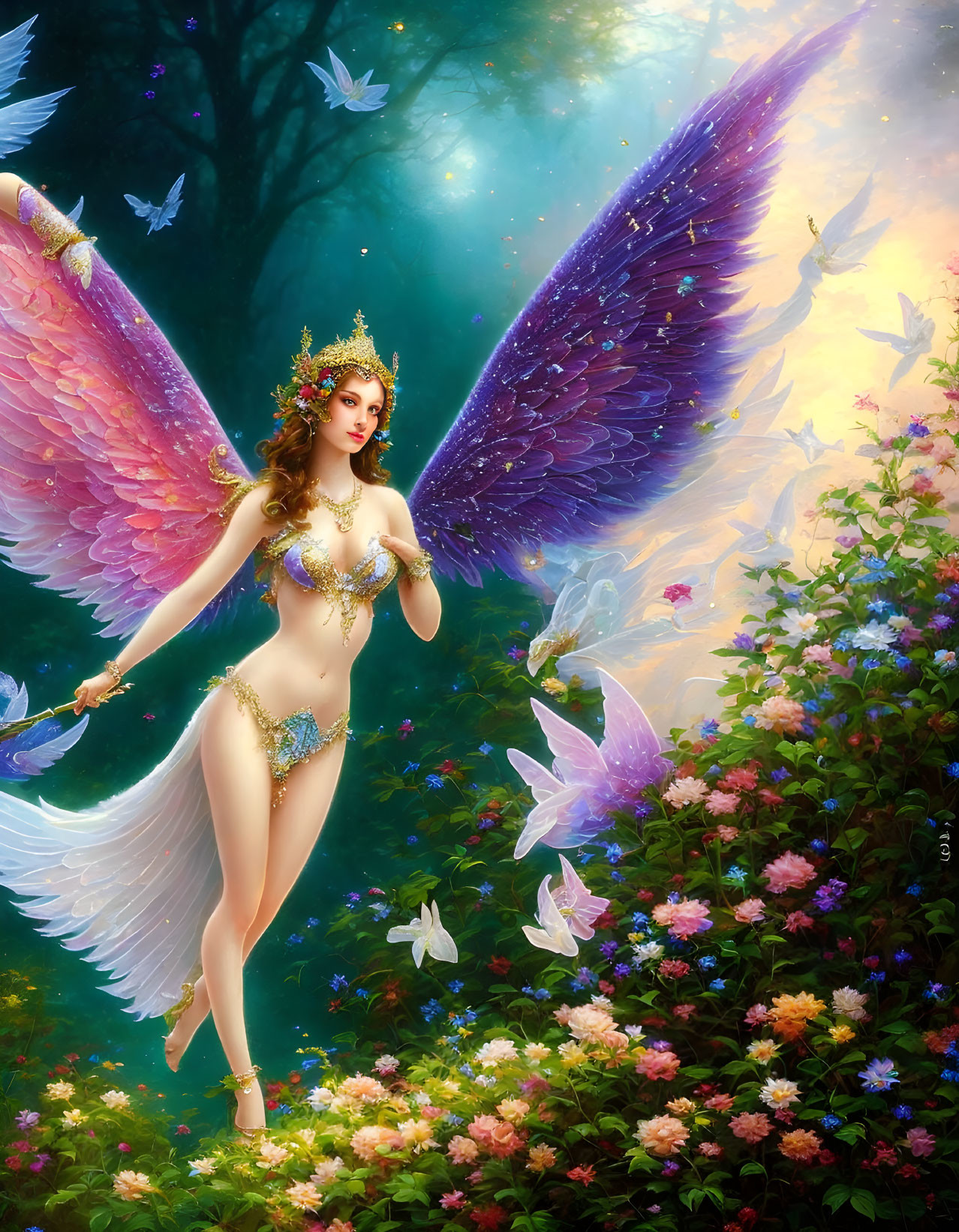 Winged female figure with crown, butterflies, and flowers in enchanted forest